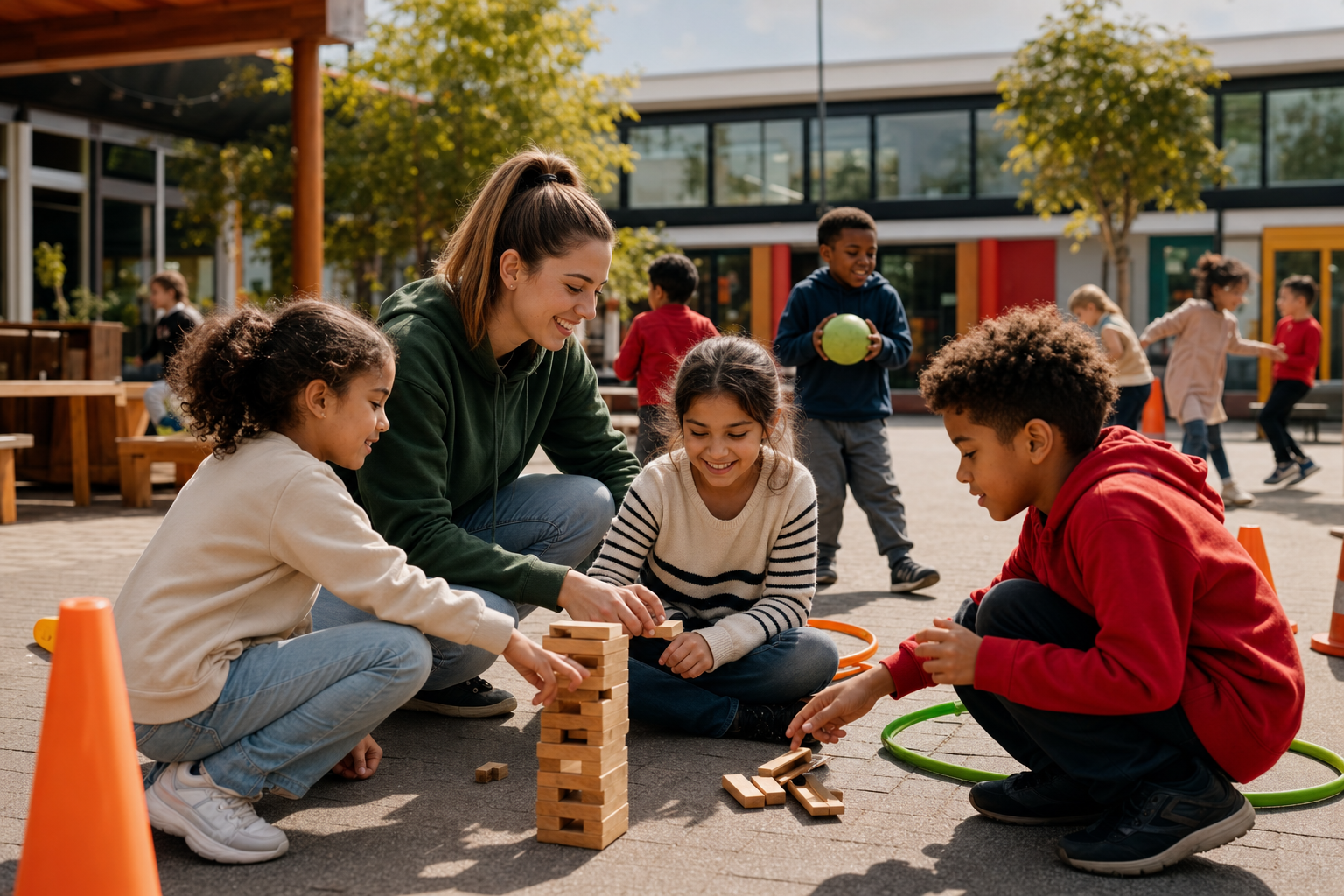 Kinderen spelen onder begeleiding tijdens de tussenschoolse opvang